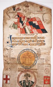 Crônica da História do Mundo desde a Criação até Woden, com uma Genealogia de Edward IV (Edward IV Roll), seção inicial com um retrato de Edward IV a cavalo, uma ronda com Deus e outra de English School