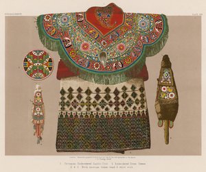 Pano de sela bordada circassiana; Vestido Bordado, Grécia; Missangas indianas norte-americanas e trabalhos em palha de English School