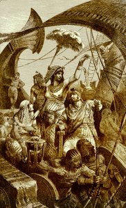 Cleópatra na Batalha de Actium, ilustração da História Ilustrada do Mundo, publicada em 1880 (imagem digitalmente aprimorada) Cleópatra VII (69-30 aC), último faraó do Antigo Egito; Batalha o de English School