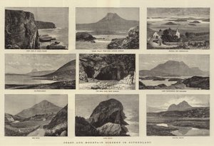 Cenário de Costa e Montanha em Sutherland (gravura) de English School