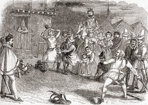 Arremesso de galos, também conhecido como "cock-shying" ou "throwing at cocks", da Velha Inglaterra: A Pictorial Museum, pub. 1847 de English School