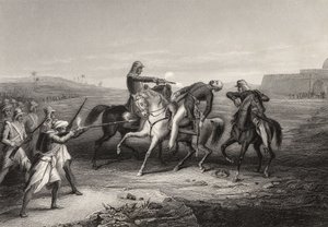 Coronel John Platt morto pelos amotinados em Mhow, em 1º de julho de 1857, de "The History of the Indian Mutiny", publicado em 1858 de English School