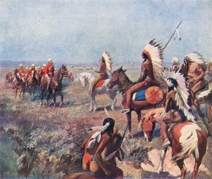 O Coronel Macleod, da Real Polícia Montada do Noroeste, a tratar com índios em Fort Macleod (litografia a cores) de English School