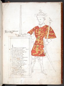 Desenho a cores de um rei inglês com armadura e tabardo (Rei João), apresentando uma placa com versos. Inacabado. de English School