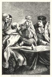 Colombo desdobra seus planos para Ferdinand e Isabella (gravura colorida) de English School