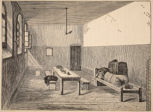 Célula condenada, Newgate, ilustração das prisões criminosas de Londres e cenas da vida da prisão por Henry Mayhew e por John Binny, bar. 1862 de English School