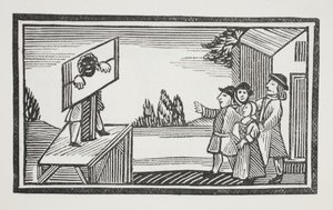 Condenado a ficar por uma hora ou mais no pelourinho, ilustração de Chap-livros do século XVIII de John Ashton, pub. 1882 de English School