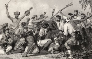 Conflito com os Ghazees antes de Bareilly em 6 de maio de 1858, de "A História do Motim Indiano", publicado em 1858 de English School