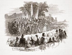Concurso para a harpa de ouro no Royal Denbigh Eisteddfod, antes de HRH o duque de Susses em 1828 (gravura em aço) de English School