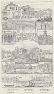 Convent Garden Market, Corn Exchange, Billingsgate Market, Coal Exchange, East India Docks, St Katherine Docks, Victoria Docks, West India Docks, London Docks (gravura) de English School