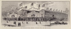 Salão de Convenções, Belfast, construído para a Convenção Unionista do Ulster de 1892, realizada para demonstrar a oposição dos Unionistas do Ulster ao Irish Home Rule (litho) de English School