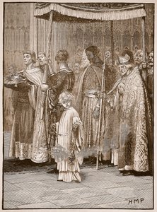 Coroação de Richard na Abadia de Westminster: a procissão ao longo do corredor, ilustração da história ilustrada de Cassells da Inglaterra (foto sépia) de English School