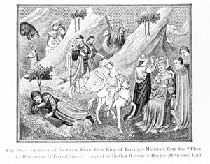Coroação do Grande Khan (Kublai Khan) (1214-94) Primeiro Rei da Tartária, da Flor das Histoires de Terre dOrient, compilada por Hayton (d.1271), ilustração da Science and Literature in t de English School