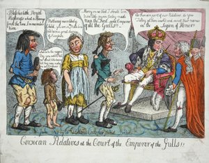 Realtivos Corsos na Corte do Imperador das Gaivotas!!, pub 1804 (gravura colorida à mão) de English School