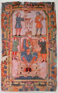 Cott Tib C VI f.30v David tocando sua harpa, do Saltério de Tibério, Winchester, c.1050 (velino) de English School