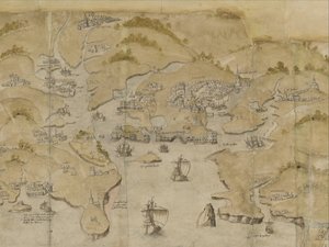 Algodão Augustus I. i. 38 Mapa da costa entre Fowey e Salcombe, incluindo Plymouth. Parte de um mapa panorâmico da costa desde Land