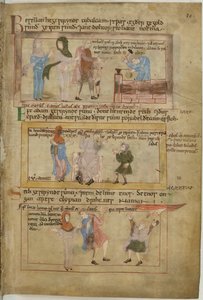 Cotton Claudius B IV fol.10 Lamech e suas duas esposas e seu filho, Tubalcain, o ferreiro, no trabalho (velino) de English School