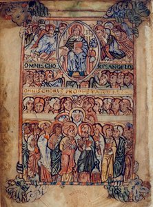 Cotton Galba A. XVIII, f.2v Cristo em Majestade rodeado de alfaias da Paixão, e coros de anjos e profetas, ilustração do 