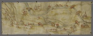 Algodão MS Augustus I i 65 Mapa do rio Trento e seus afluentes entre Nottingham e Newark, c.1540 (caneta e tinta com aguarela sobre papel) de English School