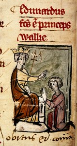 Cotton Nero D. II, f.191v Eduardo de Caernarvon (Edward II) criado Príncipe de Gales e Conde de Chester por seu pai, o rei Eduardo I, no parlamento de Lincoln, em 7 de fevereiro de 1301, da 