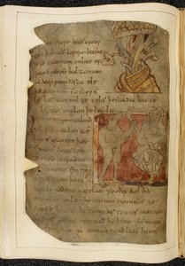 Algodão Vitellius A. XV f.103v, Uma árvore da qual cresce bálsamo; um donestre, um homem com cabeça de besta, à esquerda segurando uma perna e pé humanos, e uma pessoa à direita, ilustração de Beowulf, do 