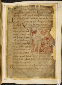 Cotton Vitellius A. XV f.104r, A panotii, ou seja, um homem com orelhas projetadas em hastes, segurando um objeto que parece um arco, ilustração de Beowulf, do 