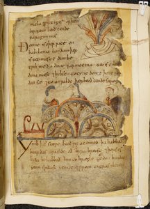 Cotton Vitellius A. XV f.105, uma videira dourada; três pessoas conversando, representando uma nação gentil que governa o Mar Vermelho, onde as melhores pérolas são encontradas, ilustração de Beowulf, do 