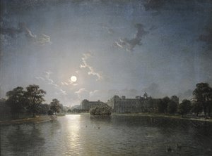Country House across a Lake by Moonlight, c.1850 (óleo sobre tela) de English School