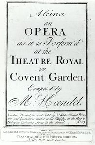 Capa de Partituras de Alcina, uma ópera de Handel, publicada em 1735 de English School