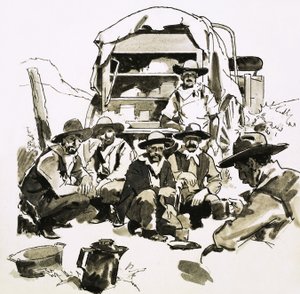 Cowboys reunidos em torno de um vagão de chuck de English School