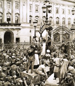 Multidões do lado de fora do Palácio de Buckingham animam o Rei George V no Dia do Armistício de English School