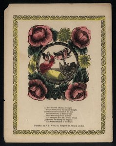 Cupido e mulher em um jardim cercado de flores, poema de amor (gravura colorida) de English School