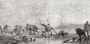 Curling no século 19, de "Fotos escocesas desenhadas com caneta e lápis", de Samuel G. Green, publicado em 1886 (lito) de English School