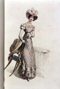 Vestido de dia, placa de moda do Repositório de Artes de Ackermann (gravura colorida) de English School