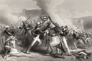 Morte do brigadeiro Adrian Hope no ataque ao Forte de Roodmow, em 15 de abril de 1858, de "A história do motim indiano" publicado em 1858 de English School