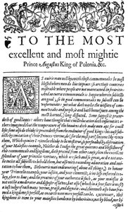Dedicação ao rei da Polônia Sigismund II Augustus I em The Counselor, a primeira tradução em inglês de Wawrzyniec Grzyma A Go Lickis De optimo senatore, 1598 (print) de English School