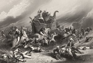 Derrota do exército Peishwas antes de Jhansi pelo General Rose em 1º de abril de 1858, de "A História do Motim Indiano", publicada em 1858 de English School