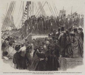 Partida de 800 Não-Conformista de Londres, na quinta-feira semana, para a Nova Colónia de Albertland, Nova Zelândia, Cena a bordo do Matilda Wattenbach na sua passagem rio abaixo (gravura) de English School