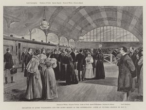 Partida da Rainha Wilhelmina e da Rainha Regente da Holanda, Cena na Estação Victoria no dia 9 de Maio (litho) de English School