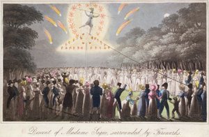 Descendência de Madame Saqui, rodeada de fogos de artifício, publicado por Thomas Kelly (fl.1820-55) Londres de English School