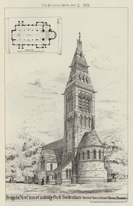 Desenho para New Church, Cambridge Park, Twickenham, Sketch of Tower e Chancel (gravura) de English School