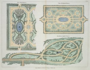 Desenhos para francês, inglês antigo e inglês moderno Parterres, de dicas sobre a formação de jardins e jardins de prazer por John Claudius Loudon (1783-1843) publicado em 1812 de English School