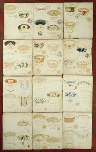 Desenhos para xícaras produzidas na Daniel Factory, Staffordshire, c.1845 (guache, wc e tinta sobre papel) de English School