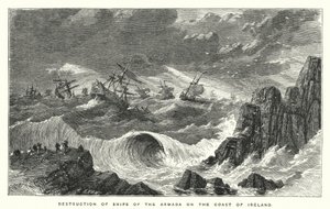 Destruição de navios da Armada na costa da Irlanda (gravura) de English School