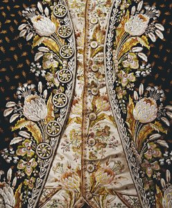 Detalhe do traje completo de um cavalheiro, incluindo casaco, colete e calças, entre os anos 1780 e 90 de English School