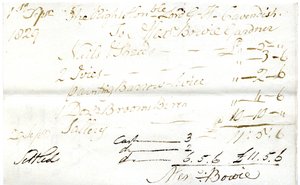 Devonshire MSS AS 3101, fólio de um maço de notas liquidadas por Pinder Simpson para Lord George Cavendish, incluindo a nota de Alexander Bowie de English School
