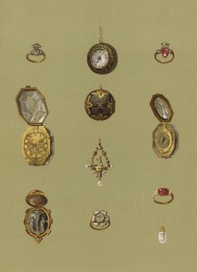 Anel de diamante, Relógio de ouro, Cameo Bloodstone, Relógio de ouro, Paciência de jóias, Anel de luto por opala de Maria Rainha da Escócia, Anel de ouro da princesa Elizabeth, Relógio de ouro de forma octogonal, Anel de ouro, Brinco de pérola de English School