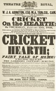 Dickens playbill: The Cricket no Hearth no Theatre Royal, Derby, 15 de janeiro de 1846