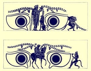 Dionysos, Hephaistos e sátiros, ilustração de Grego Vaso Pinturas por JE Harrison e DS MacColl, publicado em 1894 (digitaly enhanced image) de English School