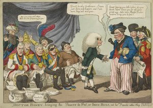 Doctor Boney_bringinging the Powers to Pot, ou John Bull e seus amigos bastante tímidos, pub. 1808 (gravura colorida à mão) de English School